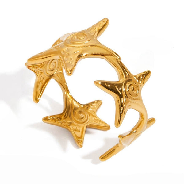 Gold five starfish wrap ring on white background – 18k gold plated stainless steel summer jewelry