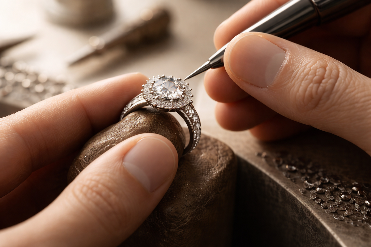 Close-up of a jeweler working on a diamond ring with tools in the background.