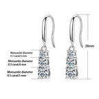 Silver earrings with diamond-like stones, showing size measurements on a white background.