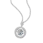 Silver necklace with a round pendant on a white background