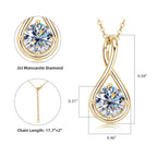 Gold pendant with Moissanite diamond and chain length details on a white background