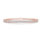 Rose gold tennis bracelet with a continuous row of round brilliant stones on a white background
