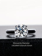 Moissanite ring on a black stand with text indicating size and carat weight.