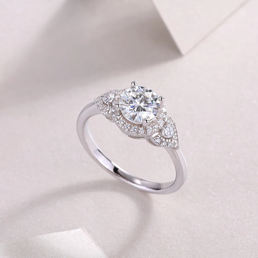 Esther - 3 Round Stone Halo Engagement Ring