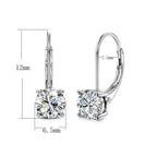 Silver earrings with clear gemstones and measurements on a white background