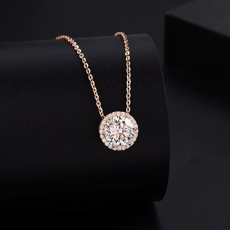 Diamond necklace on a black stand with a dark background