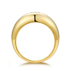 Gold signet-style ring with a smooth polished band shown from the side on a white background