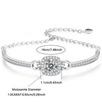Silver bracelet with diamond-like stone and measurements on a white background