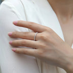 Close-up of a hand wearing a diamond ring on a white background