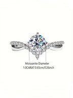 Diamond ring with labeled moissanite diameter on a white background