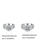 Two moissanite diamond rings with size and carat information on a white background