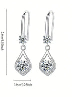 Silver teardrop earrings with clear gemstones, shown with measurements on a white background.