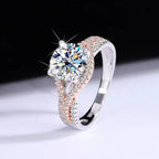 Elegant diamond ring with rose gold accents on a dark background