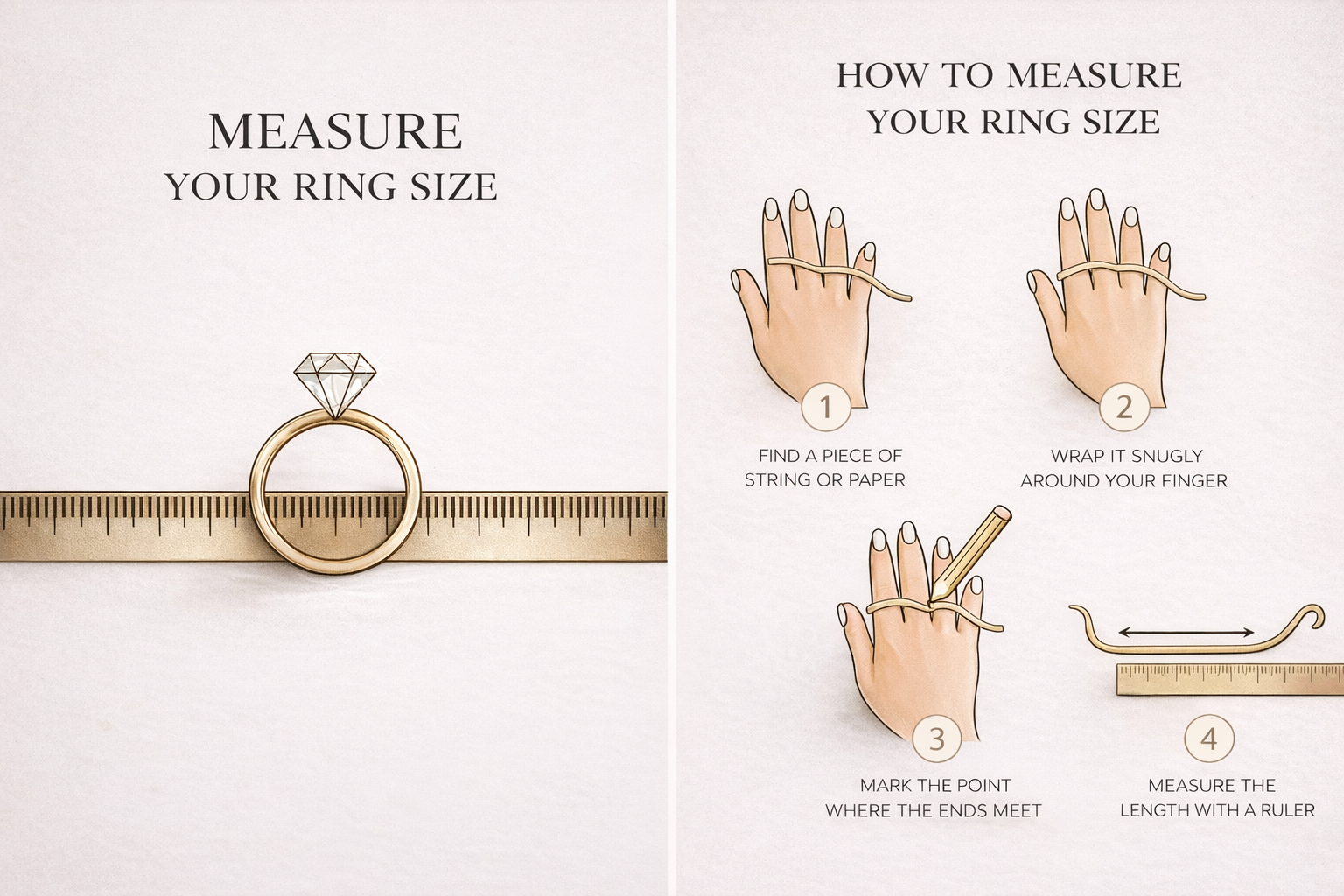 Instructions on how to measure ring size with a ruler and hands.